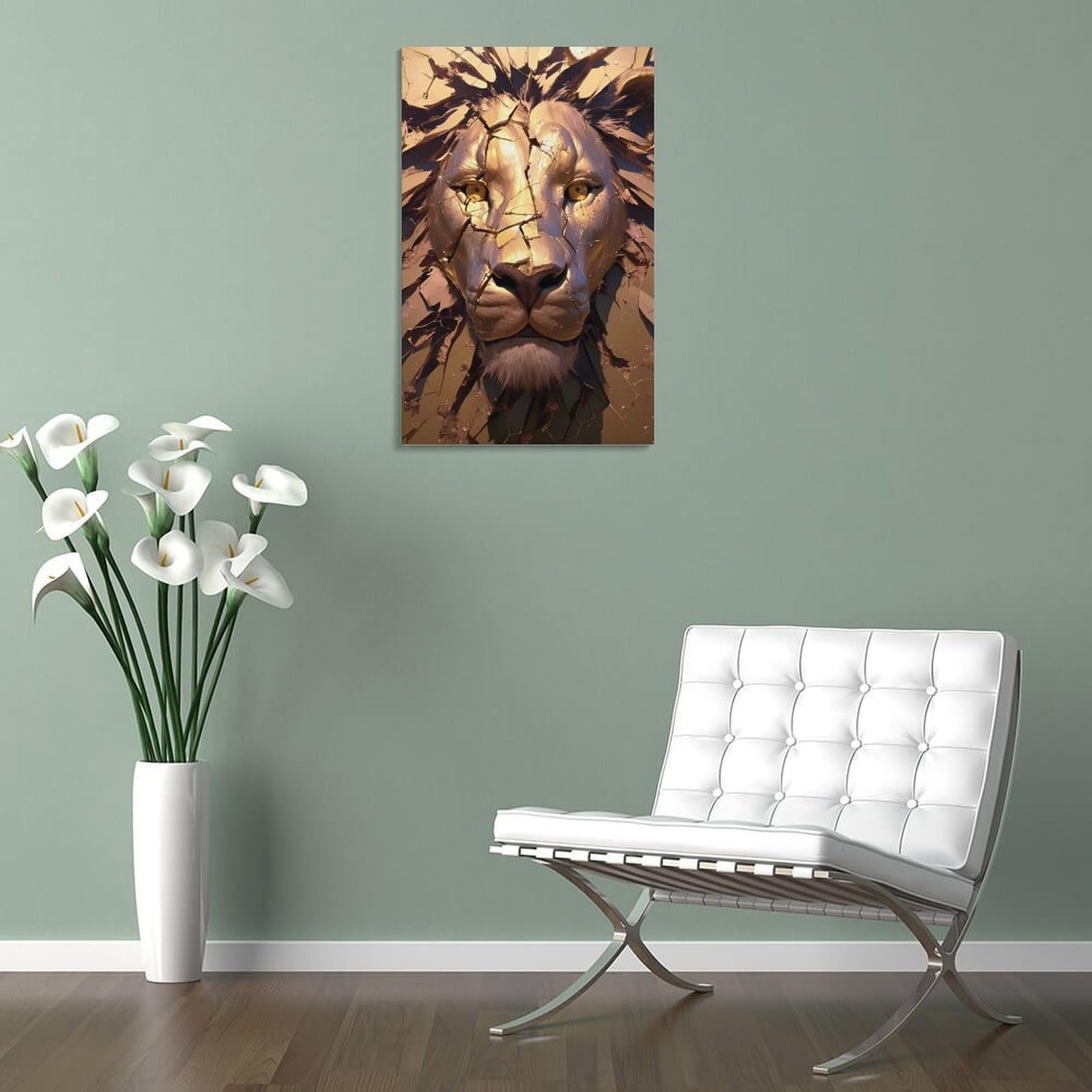 Junmoney Leinwand Wandbild Golden Lion Head with Cracks, 16x24inch(40x60cm), Für Wohnzimmer, Flur Oder Schlafzimmer, Wohnakzent Mit Ruhiger Ausstrahlung
