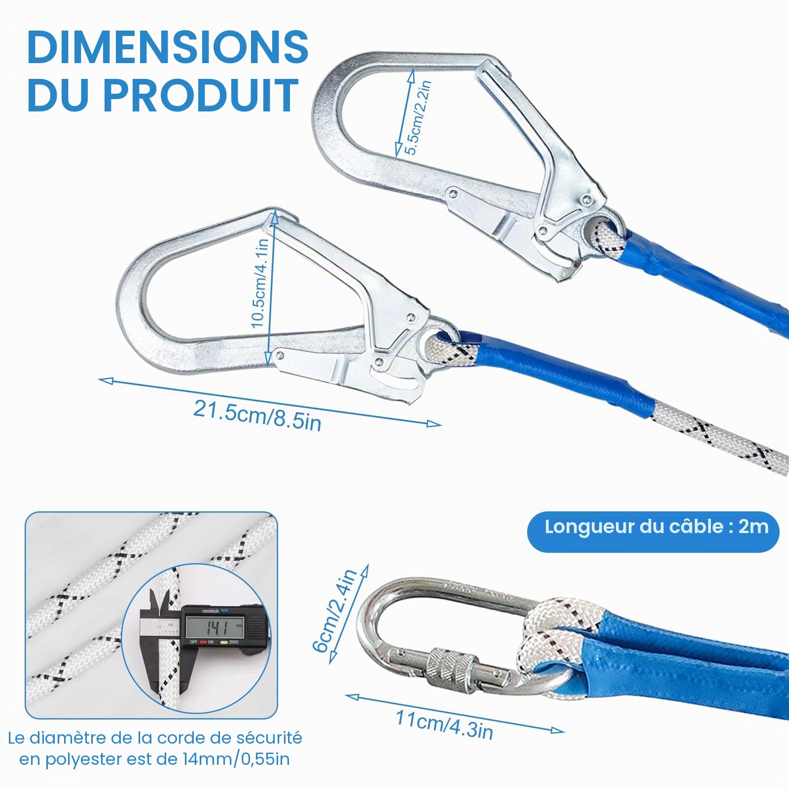 Corde de sécurité anti-chute, sangles de récupération, corde anti-chute de 2 m avec 2 mousquetons en acier allié et amortisseur de chute, convient pour l'escalade rocheuse en plein air, l'escalade des