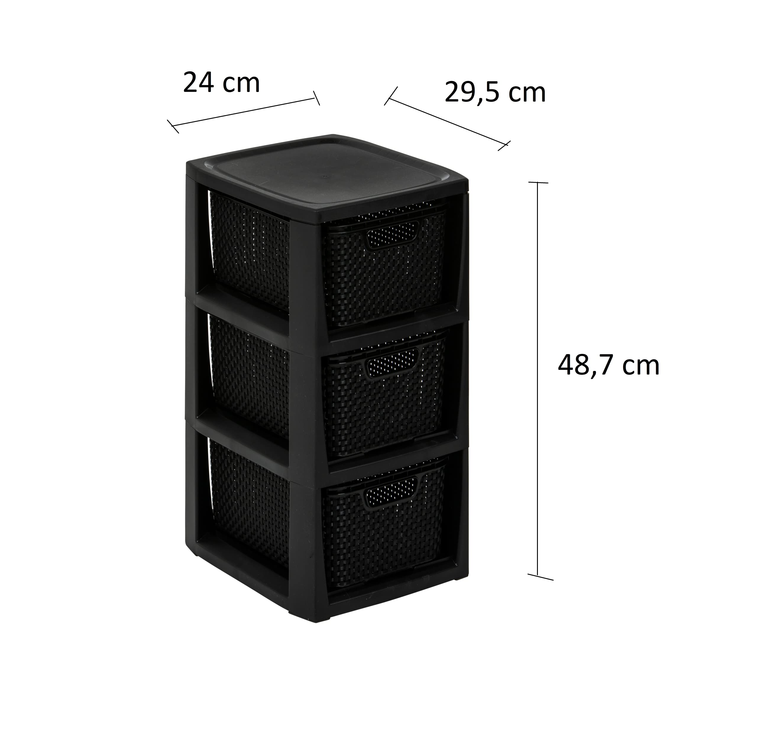 BranQ - Home essential Scaffale in plastica PP senza BPA, design rattan, nero, 29,5 x 24 x 48,7 cm, 3 cesti