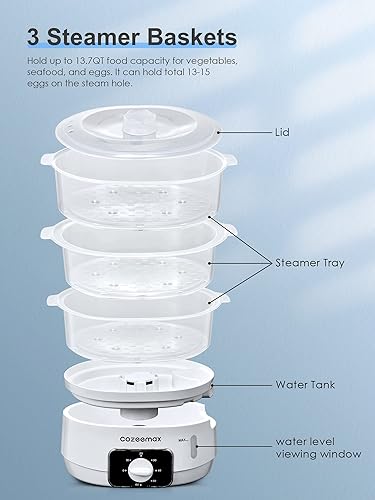 Miniatura 17 de Vaporizador eléctrico de alimentos de 13.7 cuartos de galón para cocinar, vaporizador de verduras con 3 niveles sin BPA, cocción simultánea rápida