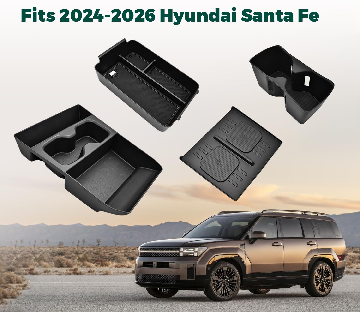 4 organizer per console centrale per accessori Hyundai Santa Fe 2024-2026, tappetino di ricarica wireless + inserto portabicchieri + organizer per console inferiore + organizer per console centrale