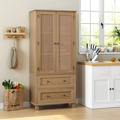 Miniatura 3 de FOTOSOK Kitchen Pantry Storage Cabinet Tall Storage Cabinet with Rattan Doors and 2 Drawers Freestanding Kitchen Cupboard with Adjustable Shelves