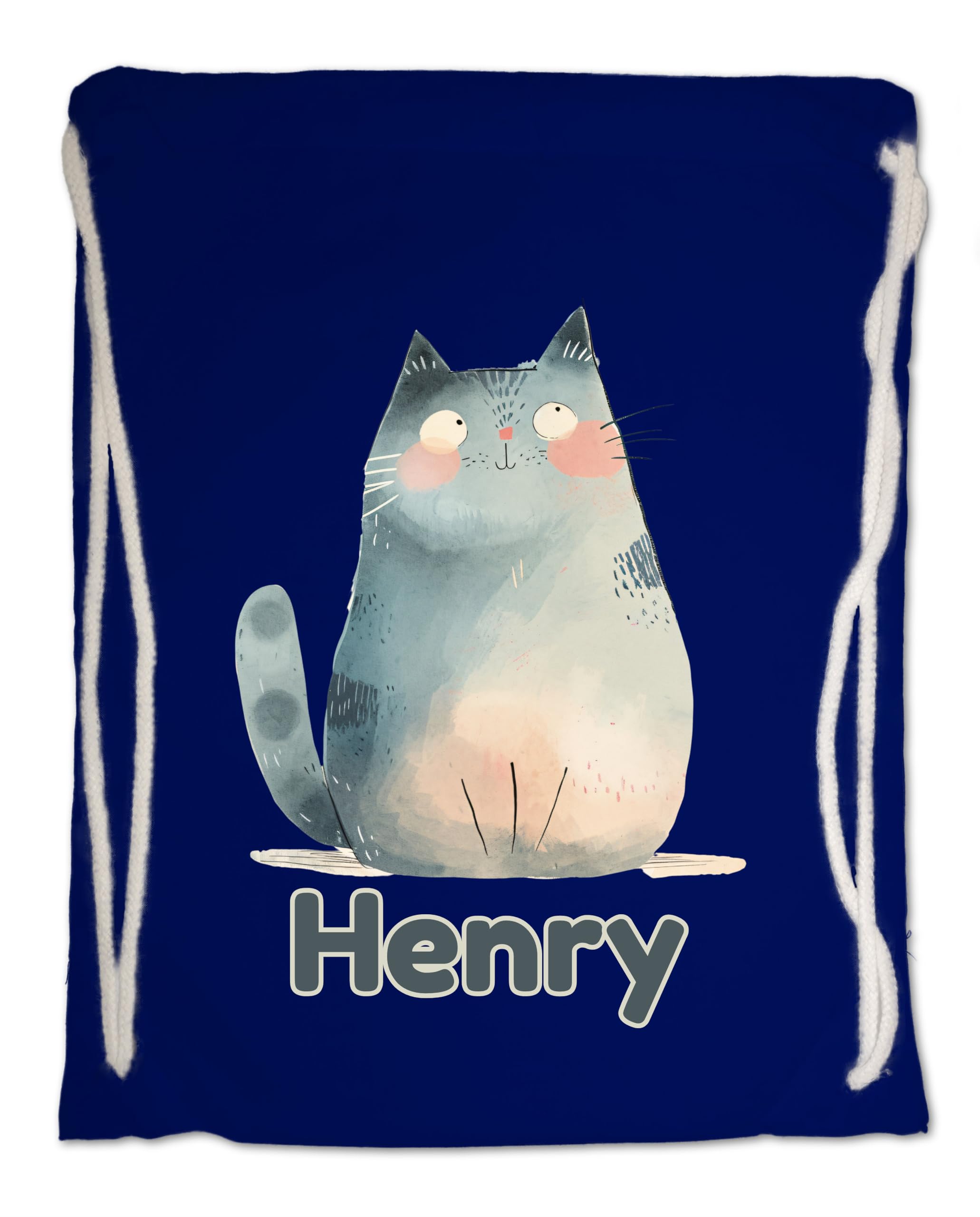 Personalised Any Name Cat Gym Bag for Kids - Ideal for School, Nursery, Travel, Swimming. 100% Cotton (French Navy)