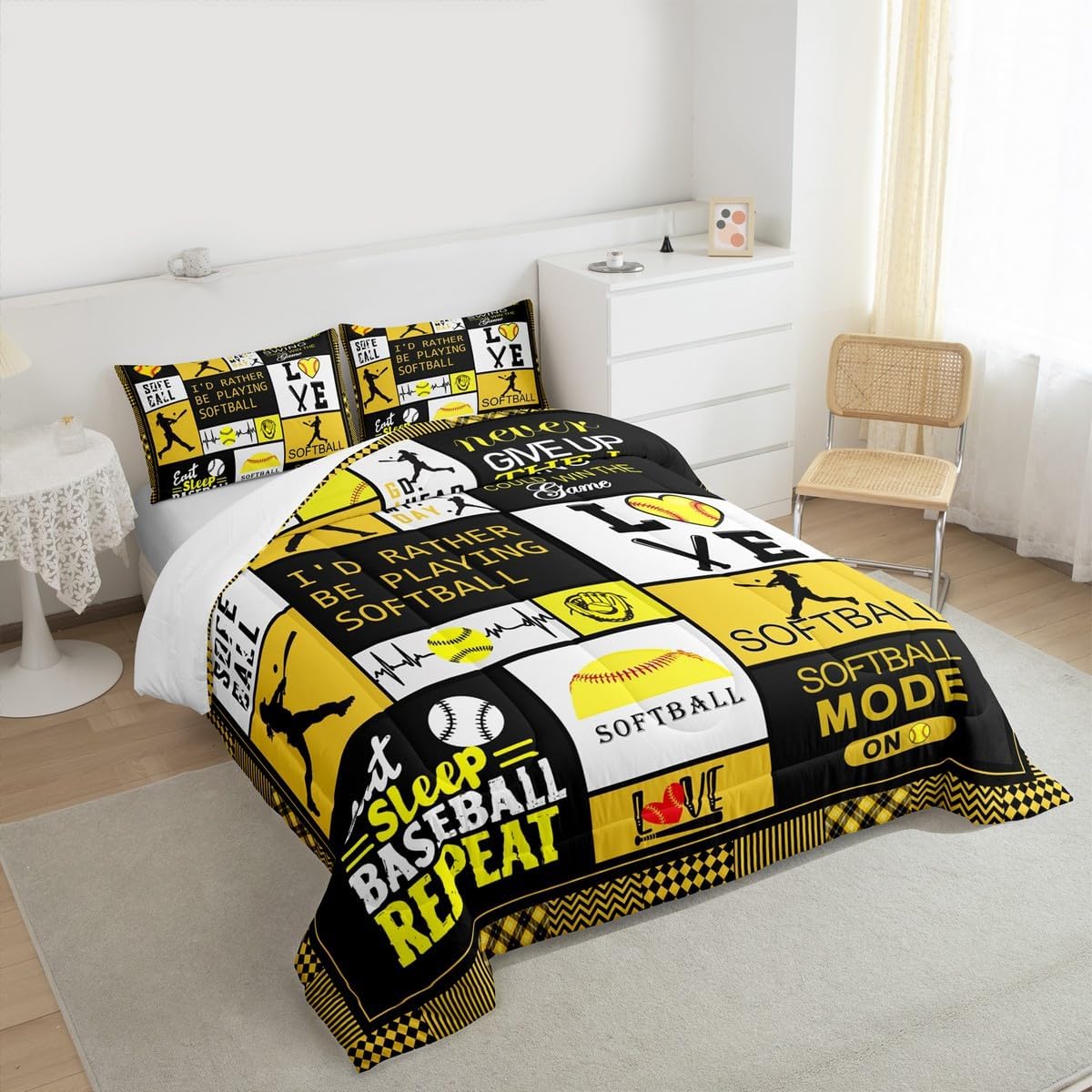 Homewish Softball Kids Comforter Set Twin Size,Ball Sports Games Competition Bedding Set,Girls Boys Adult Bedroom Decor,Geometric Plaids Fashion Down Comforter,Yellow Bright Duvet Insert,1 Pillowcase