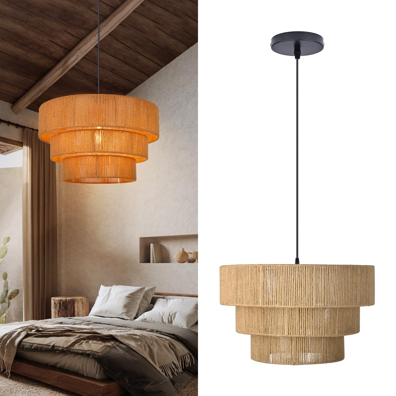arturesthome woven pendant light,rattan chandelier vintage farmhouse chandelier for kitchen dining table room hallway 15.7?* 10.6?