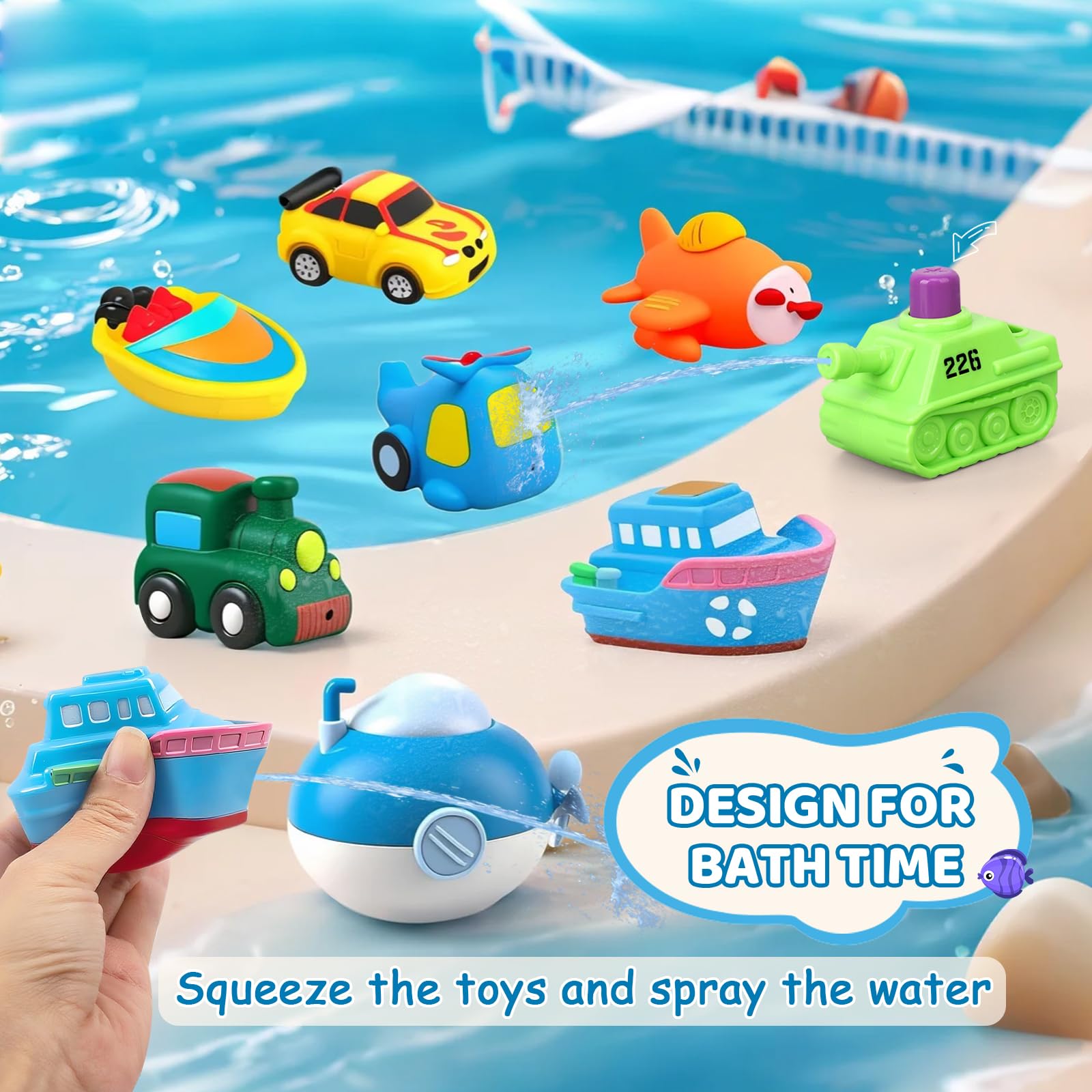 9 PCS Bath Toys for Kids Toddlers Vehicle Train Airplane Floating Water Squirt Toys for For 1 2 3 4 Year Old Boys Girls - Image 3