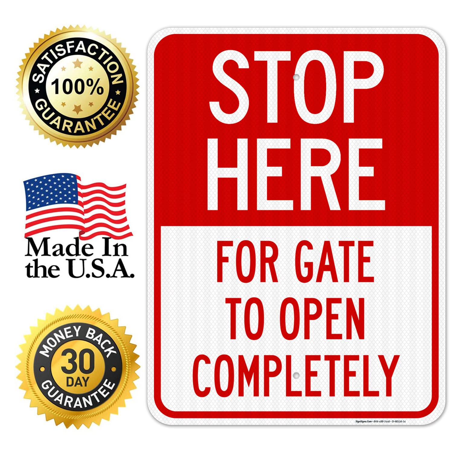 Stop Here for Gate to Open Completely Sign, 18x24 Inches, 3M EGP Reflective with Post & Cast Iron Base Stand Set Made in USA by Sigo Signs
