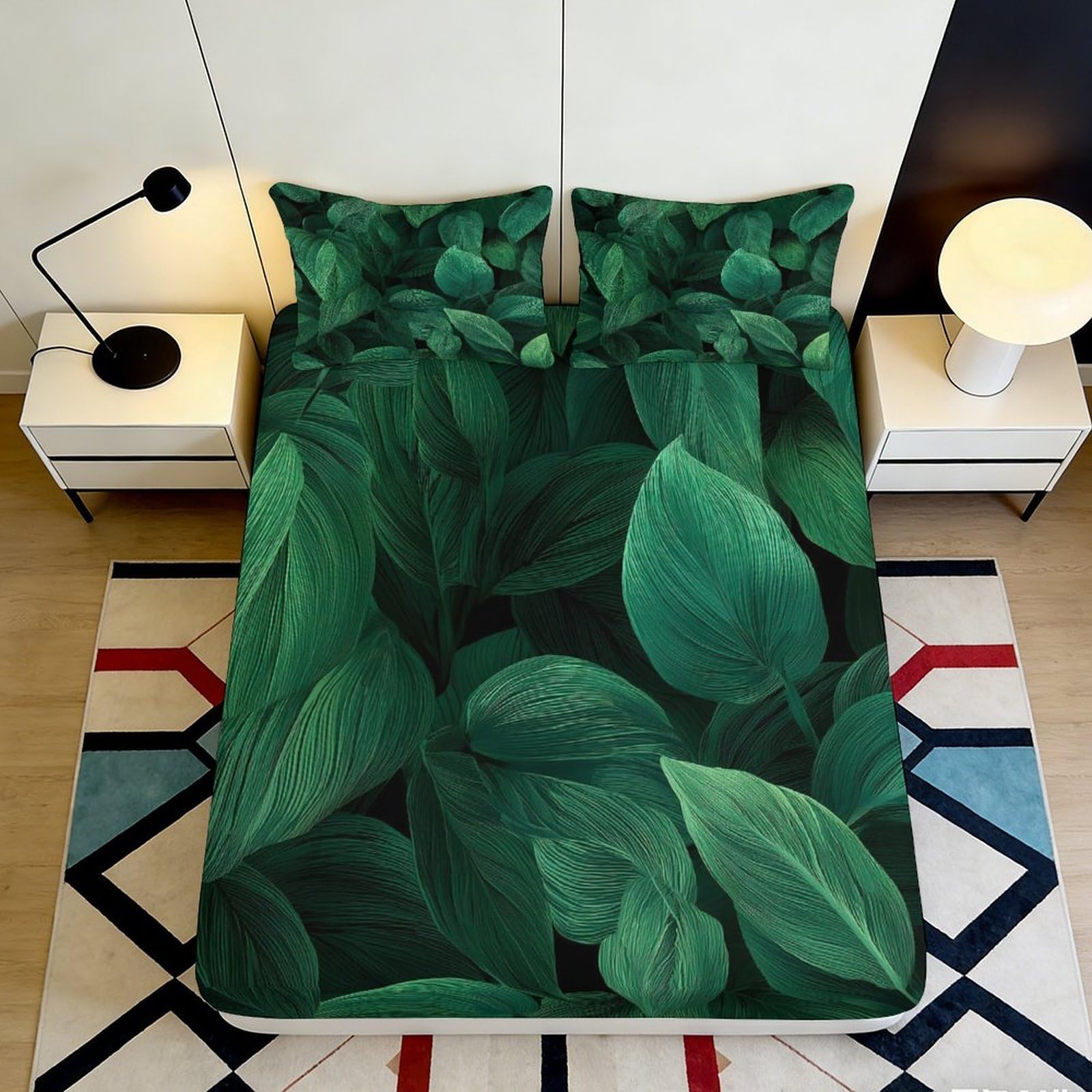 3D Printed Botanical Leaves Fitted Sheet Microfiber Deep Pocket Non-Slip Bedding Leaf Mattress Fitted Cover Home Washable 200x200x25cm