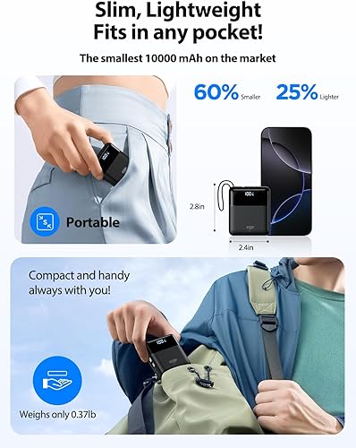 Miniatura 3 de Aioneus Cargador portátil de 10000 mAh, batería de 22.5 W, carga rápida, batería con cables USBC integrados, cargador portátil pequeño banco de