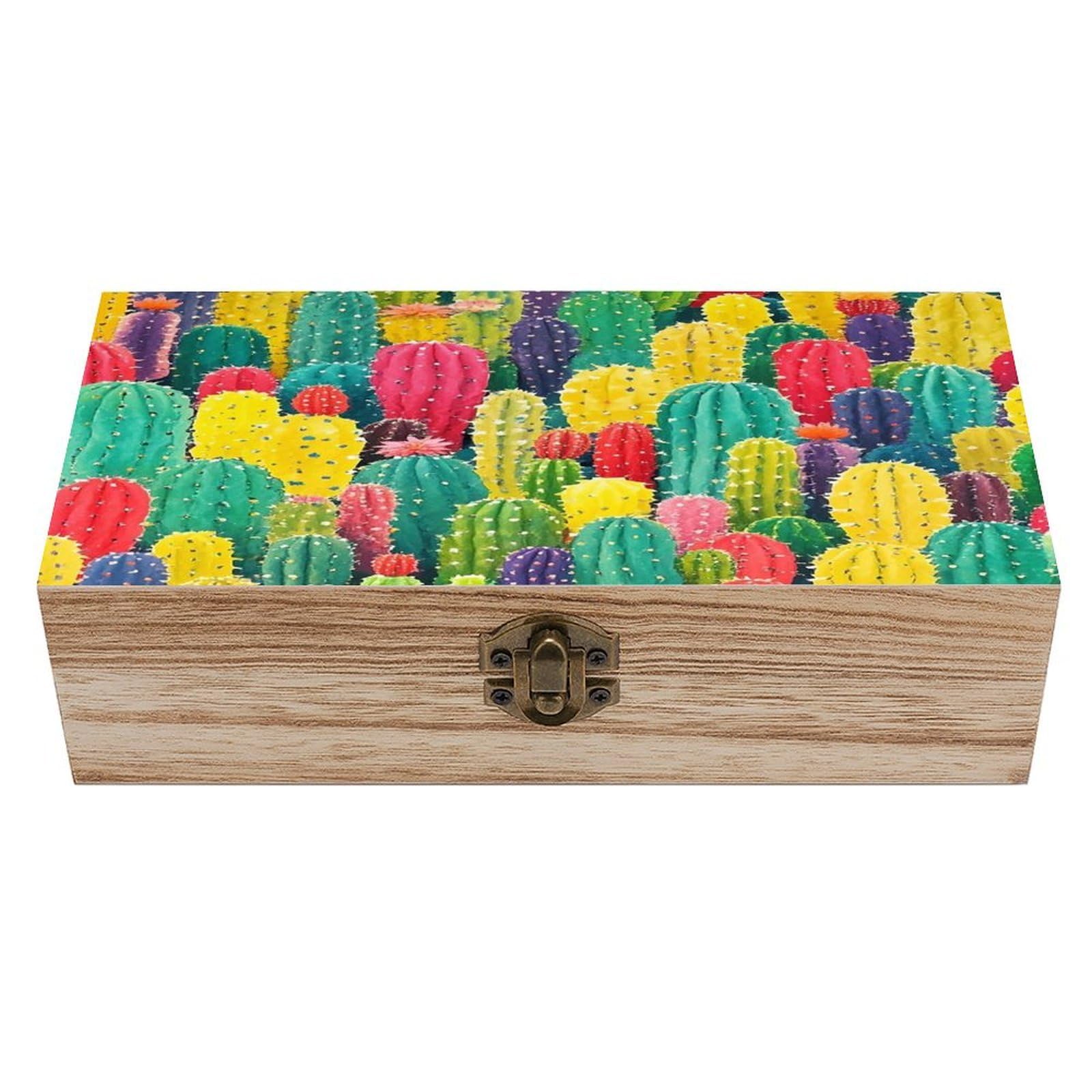 asbwuo Colorful Cactus Pattern Wood Keepsake Box Wooden Box with Hinged Lid