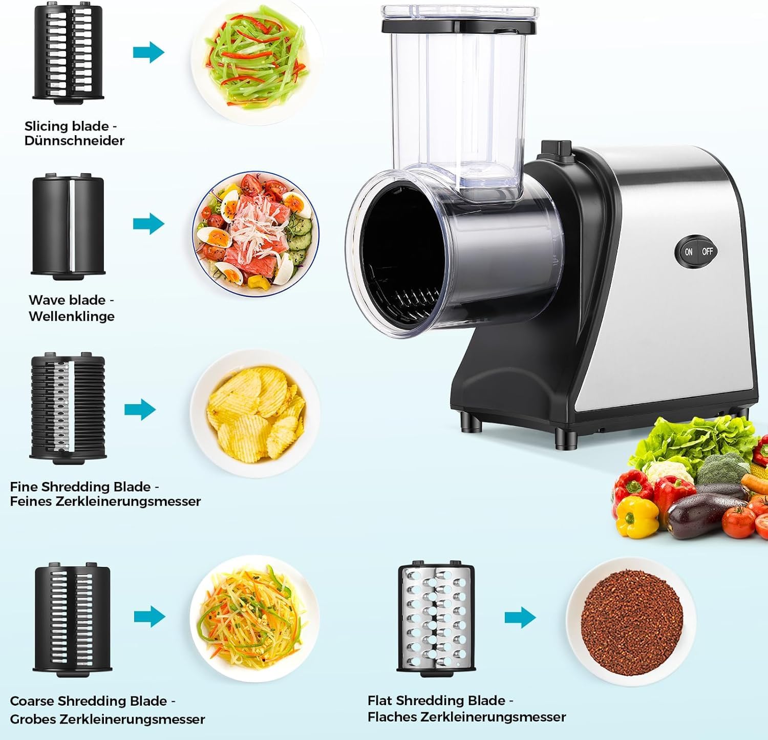 Nictemaw Cortador de verduras eléctrico, multifuncional, 5 en 1, 250 W, acero inoxidable, gran calibre, rallador de queso con 5 cuchillas para diferentes verduras | Rallador multifunción con 5 cuchillas intercambiables. Ideal para queso, verduras y uso di