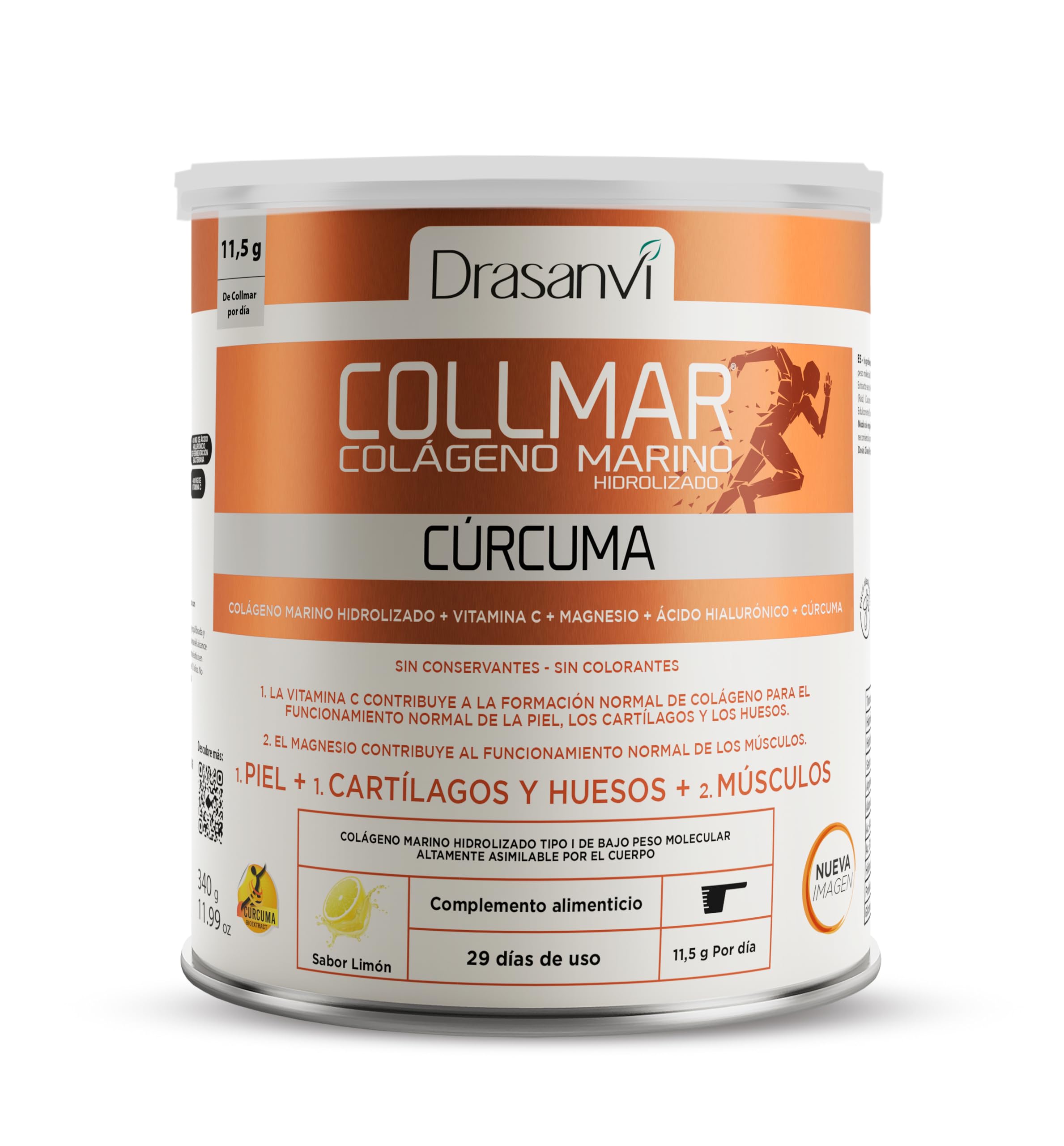 DRASANVI COLLMAR COLAGENO MARINO HIDROLIZADO + Curcuma con Magnesio, Vitamina C, Ácido Hialurónico |Articulaciones y musculos| |Máx. asimilación 9.618 mg/día | 340g de polvo | Collagen Sabor Limón