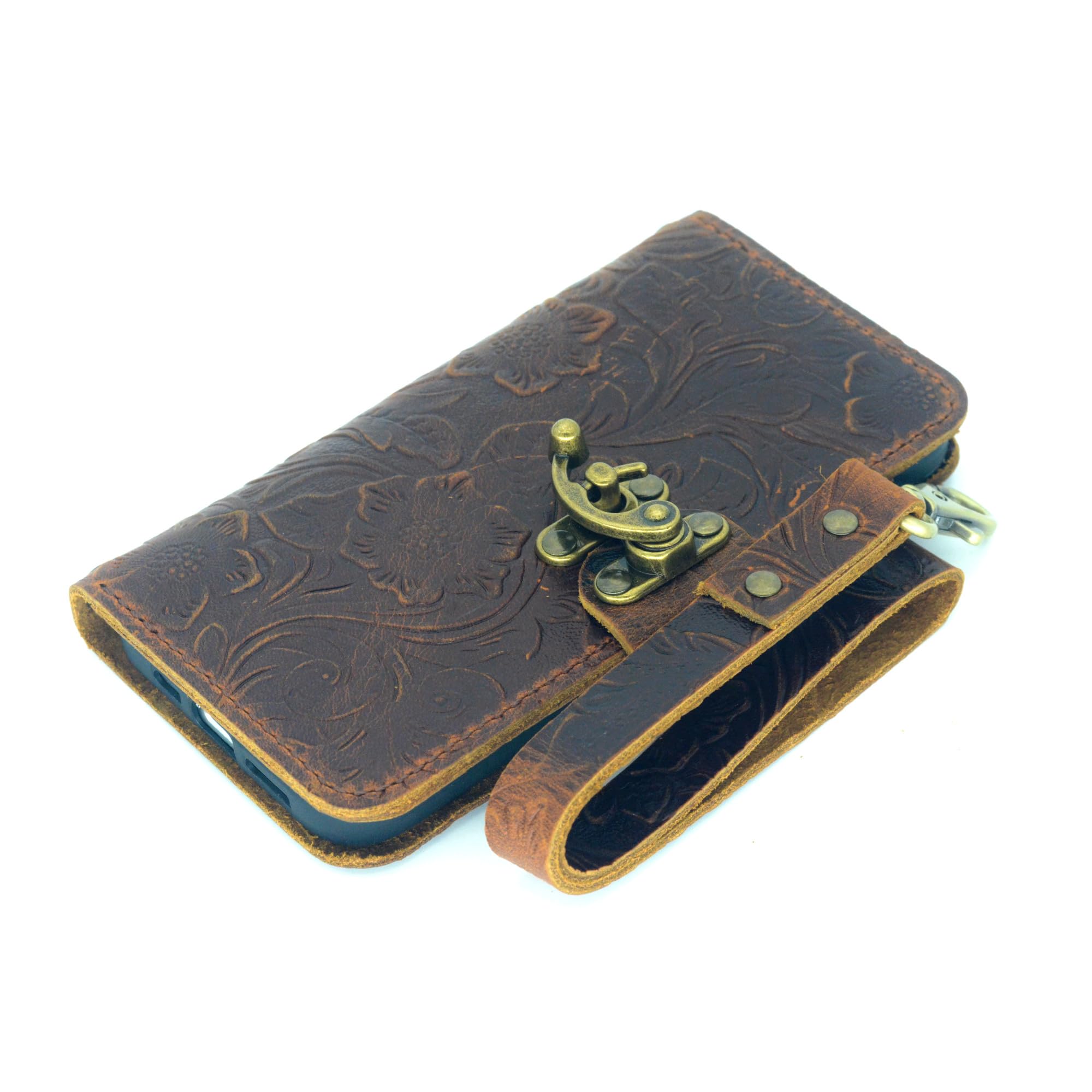 JJNUSA Leather Case Compatible with iPhone 15 Pro Max Handmade Genuine Distressed Leather Wallet Case Flip Cover with Wristlet Brown