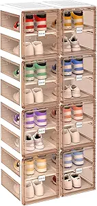 BINSIO Shoe Organizer, Shoe Storage Rack for Closet, Shoe Cabinet for Entryway, Plastic, Foldable Shoe Box, Fast Assembly Shoe Shelf, One Piece Sturdy Sneaker Holder, Clear Brown Doors - 8 Tiers