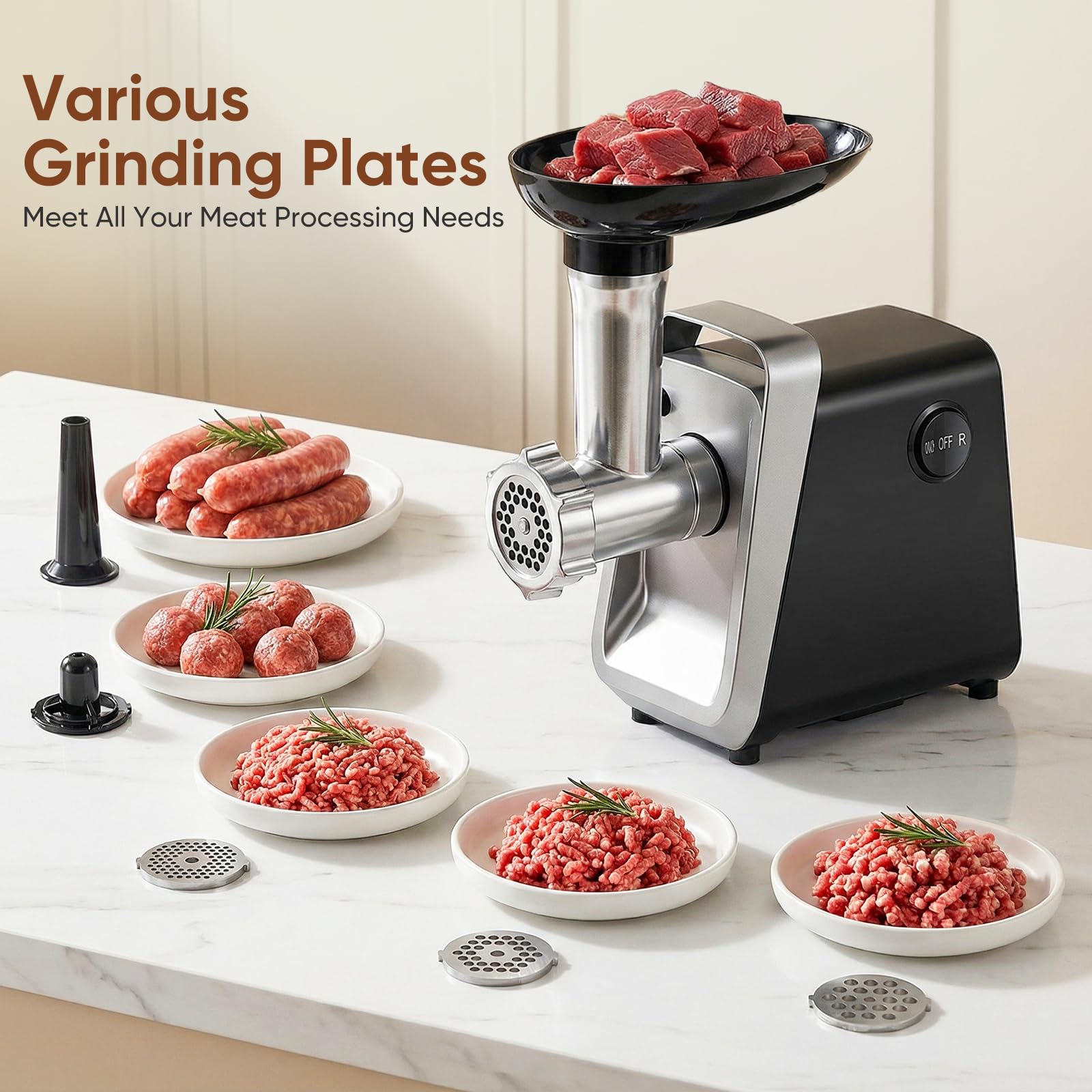 Picadora de Carne Eléctrica, 1000W máx Molino de Carne de Acero Inoxidable con 3 Discos Perforados, Embutidora, Fabricante de Kubbe y Kit de Albóndigas, Negro