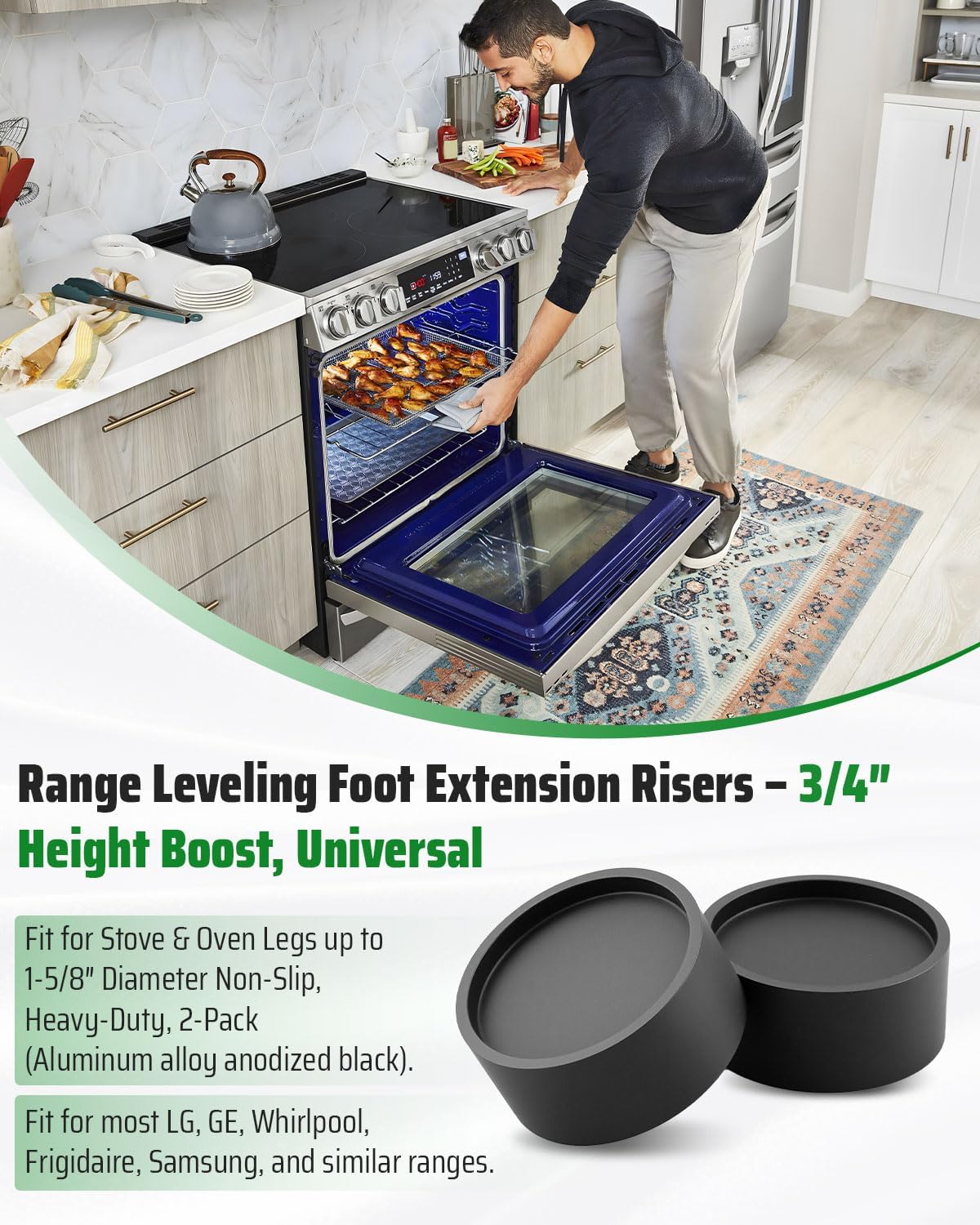 2Pcs Universal Range Extension Riser, 3/4inch Height, Compatible with Stove Legs up to 1-5/8 inch Diameter, Stove Oven Leveling Foot
