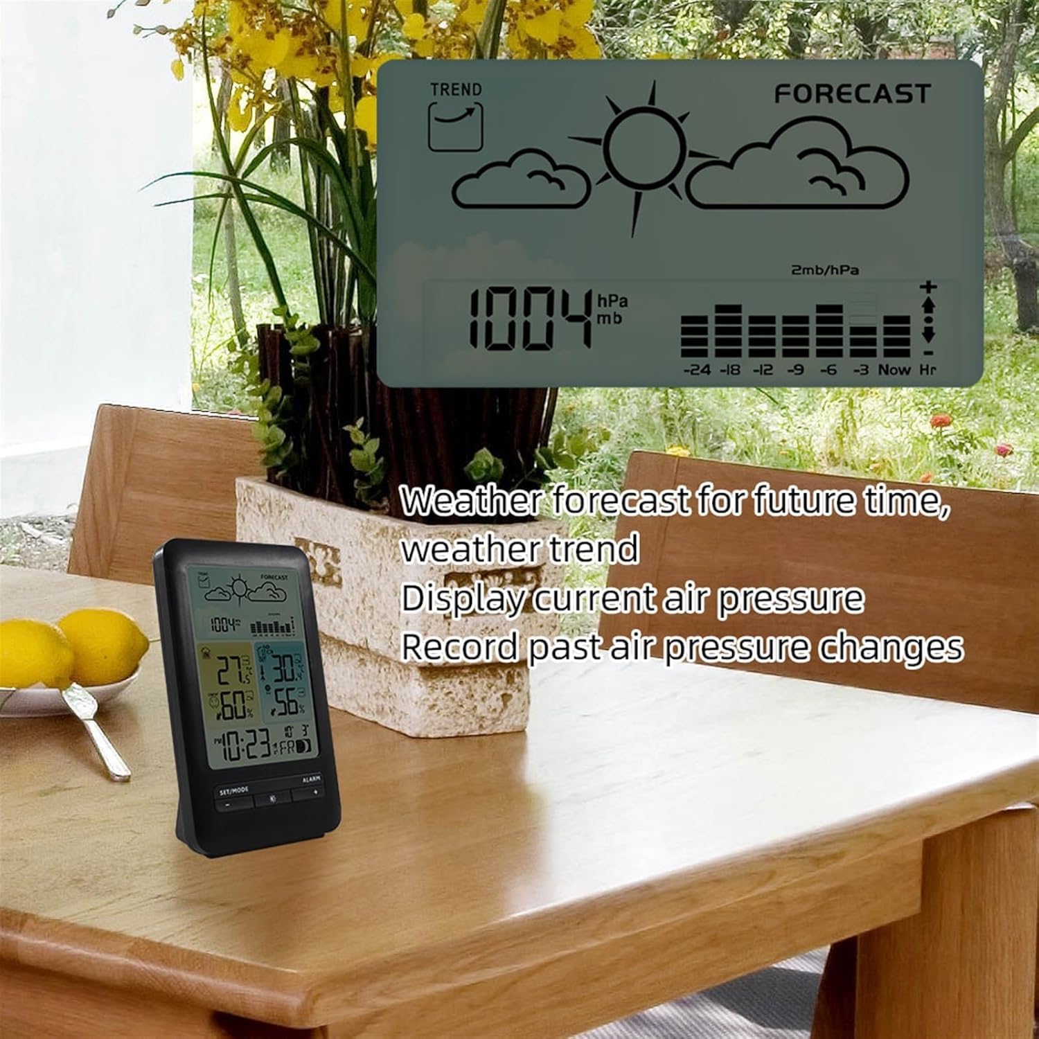 Estación meteorológica inalámbrica para interiores y exteriores, termómetro e higrómetro, monitor digital de temperatura y humedad con pantalla grande, pronóstico del tiempo, reloj y fecha.