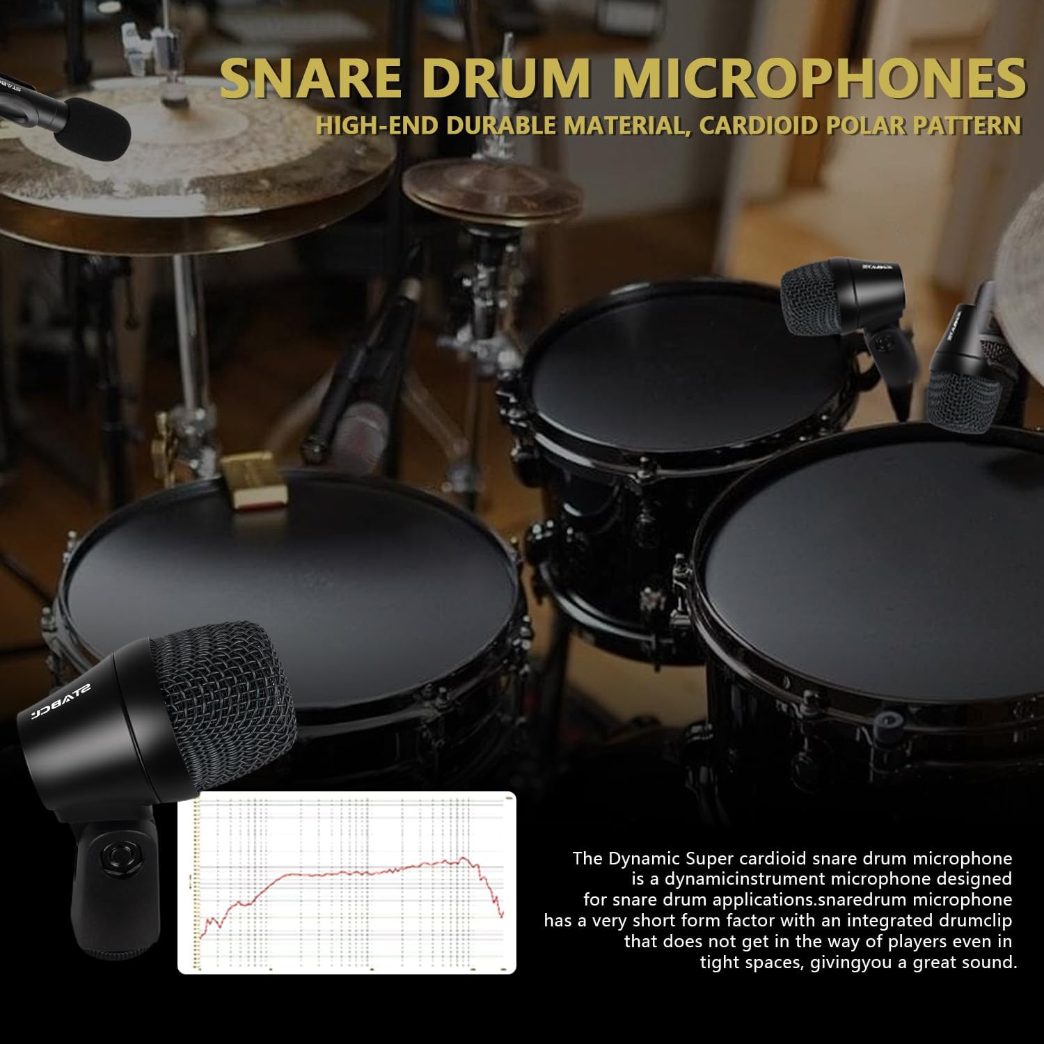 7 Piece Drum Mic Kit with Carrying Case, Full Metal Wired Dynamic Drum Mics Set for Kick Bass, Tom, Snare, Hi-hat Cymbals and Musical Instrument Drum Microphone with Holders, Threaded Clips