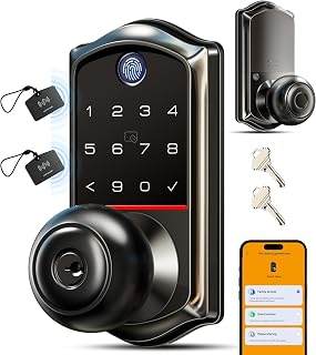 Veise VE018 Smart Knob Handle Lock - Fingerprint, App Control, Keyless Entry for Front Door and Bedroom, Electronic Digital Keypad, Auto Lock, Remote Access Sharing, IP55 Weatherproof, Matte Black