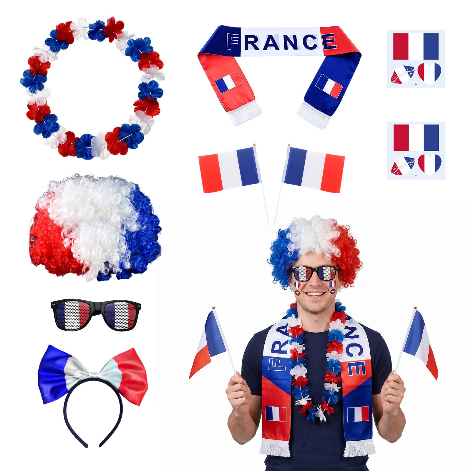 9 Pièces Kit Supporter France, Coupe du Monde 2026 Football Accessoire Bandeau Écharpe Perruque Tatouages Temporaires Lunettes Collier de Fleurs, Drapeau à Main Accessoire Supporters France