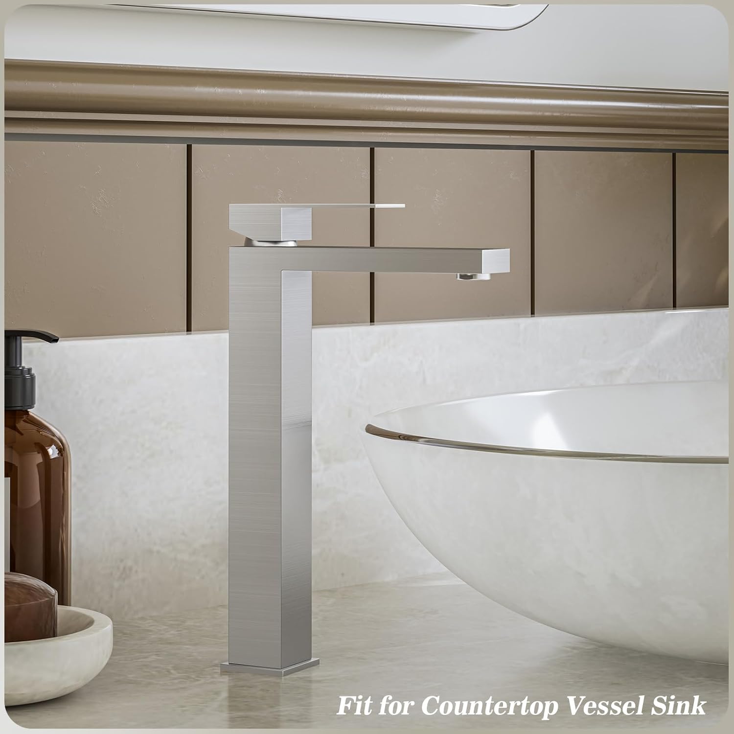 Phiestina Brushed Nickel Tall Bathroom Faucet for Vessel Sink Single Hole Single Handle Vessel Sink Faucet Vanity Bathroom Faucet Above countertop Sink with Water Supply Hose,BF3530P-BN-V
