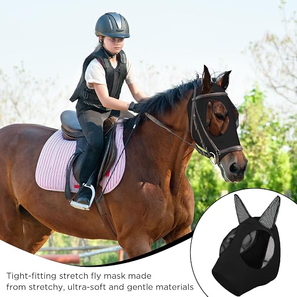 dellyy Maschera Antimosche Cavallo, Maschera Mosche Cavallo, Elastico Maschera Cavallo Antimosche, Maschera Mosche Cavallo Protezione UV, Cuffietta Cavallo (Nero) - 5
