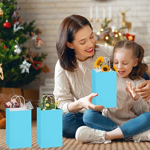 Miniatura 6 de Paquete de 100 bolsas de papel pequeñas de color azul claro con asas a granel, bolsas de papel de regalo, 5.25 x 3.25 x 8.25 pulgadas, papel de
