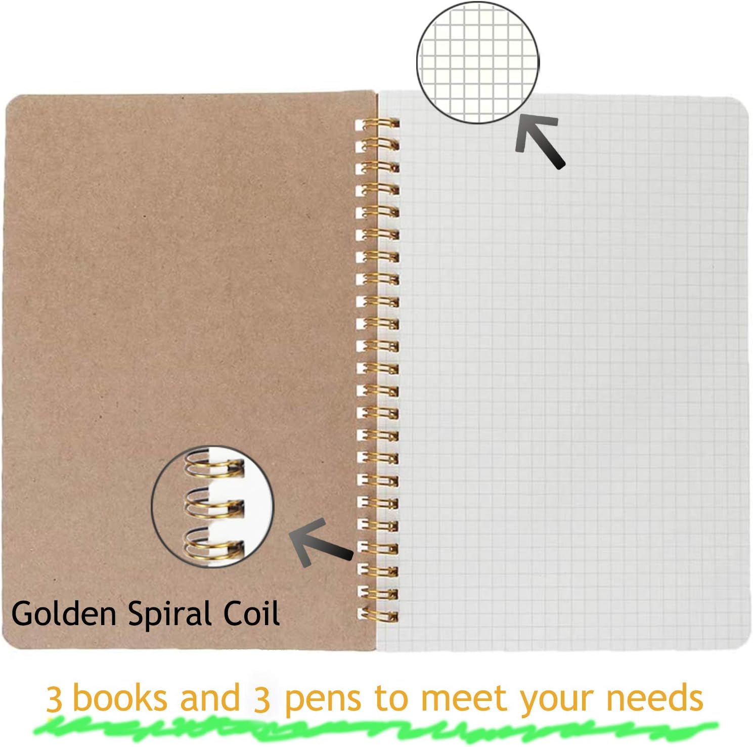Spiral Graph Paper Notebook B5 Grid Notebooks Soft Cover 3-Pack Kraft Spiral Bound Journal For Graphing Writing In School Office Large Note Book With Black Gel Pens 50 Sheets / 100 Pages (Brown)