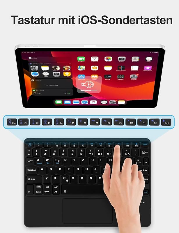 JADEMALL Bluetooth Billentyűzet Touchpad-dal QWERTZ 10 Colos Tablethez Fekete