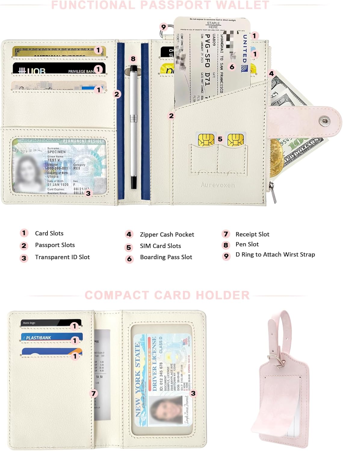 Passport Wallet for Travel, Luxury Vegan Leather RFID Blocking Passport Holder & luggage tag for Women Men, Wristlet Wallet with Zipper Pocket, Couple Travel Essentials (Petal Blush)