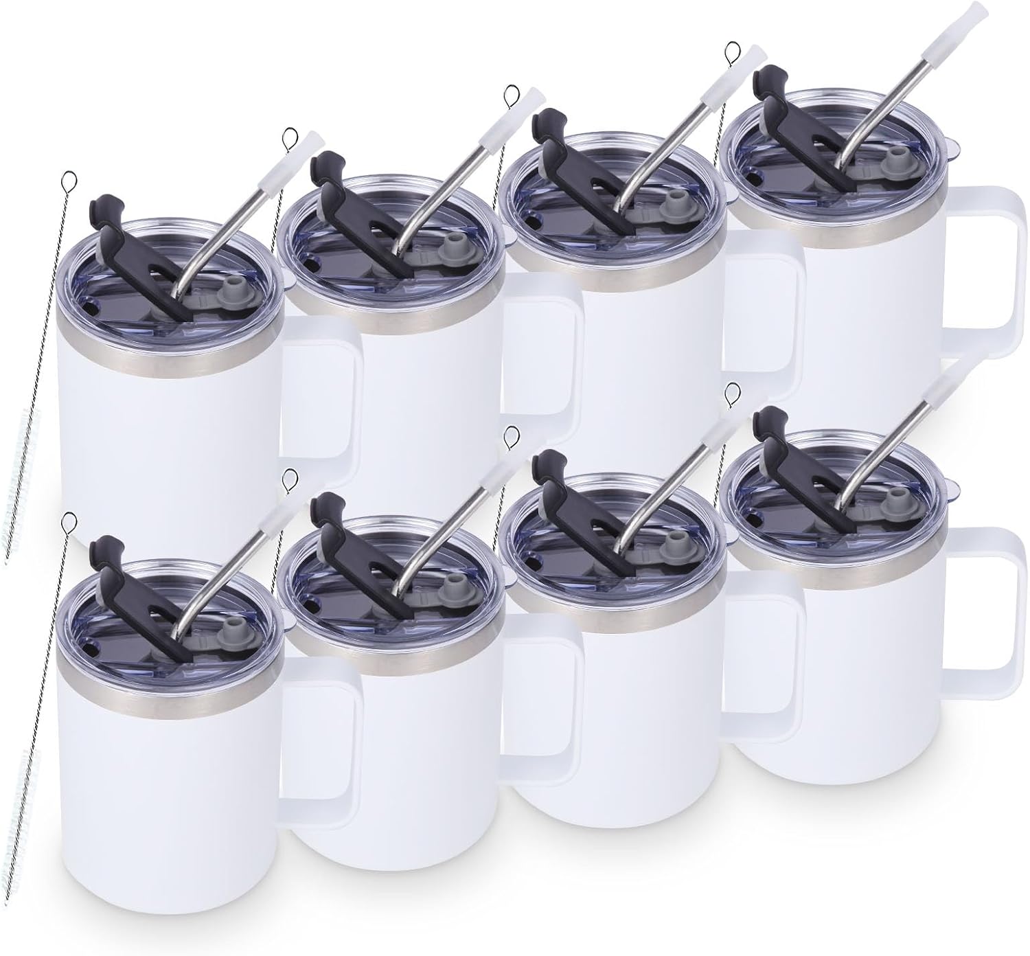 Volhoply 12oz Insulated Leakproof Coffee Mug with Flip & Straw Lid Bulk 8 Pack,Not Suitable for Sublimation,Double Wall Vacuum Stainless Steel Travel Tumbler Cup with Handle(White,8 Set)