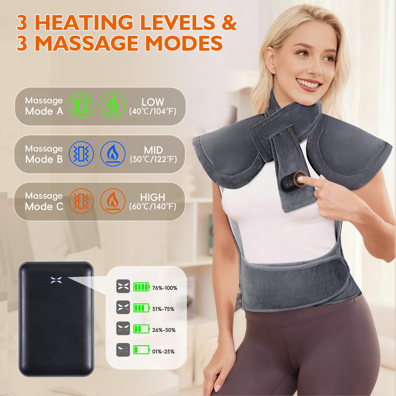 Coussin Chauffant avec Batterie 10000mAh 3 Niveaux Réglage Température 3 Modes de Massage Arrêt Automatique