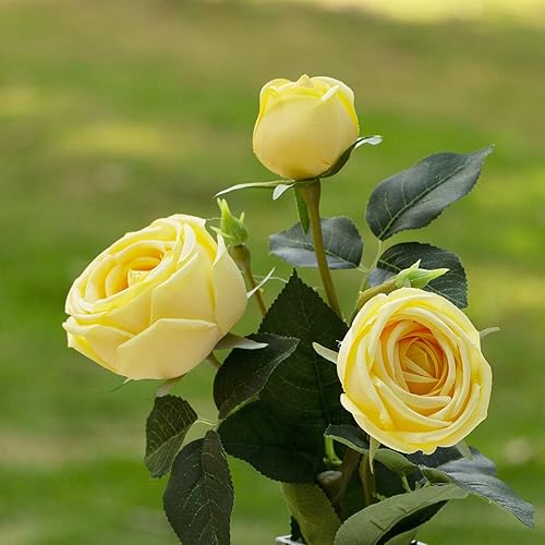 Miniatura 8 de Flores artificiales de seda en jarrón de cristal, arreglo de rosas sintéticas en jarrón alto con agua sintética para decoración de mesa de comedor