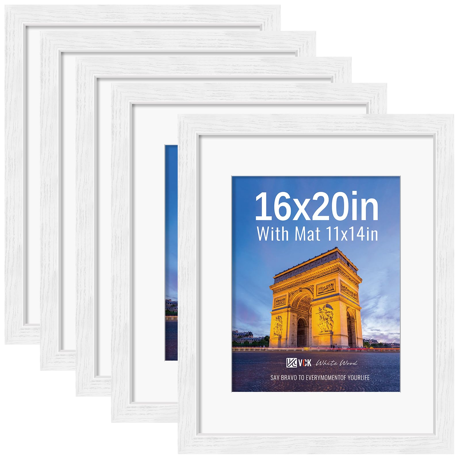VCK 16x20 Picture Frame 5 Pack, White Exclusive Wood, HD Glass, for Artwork