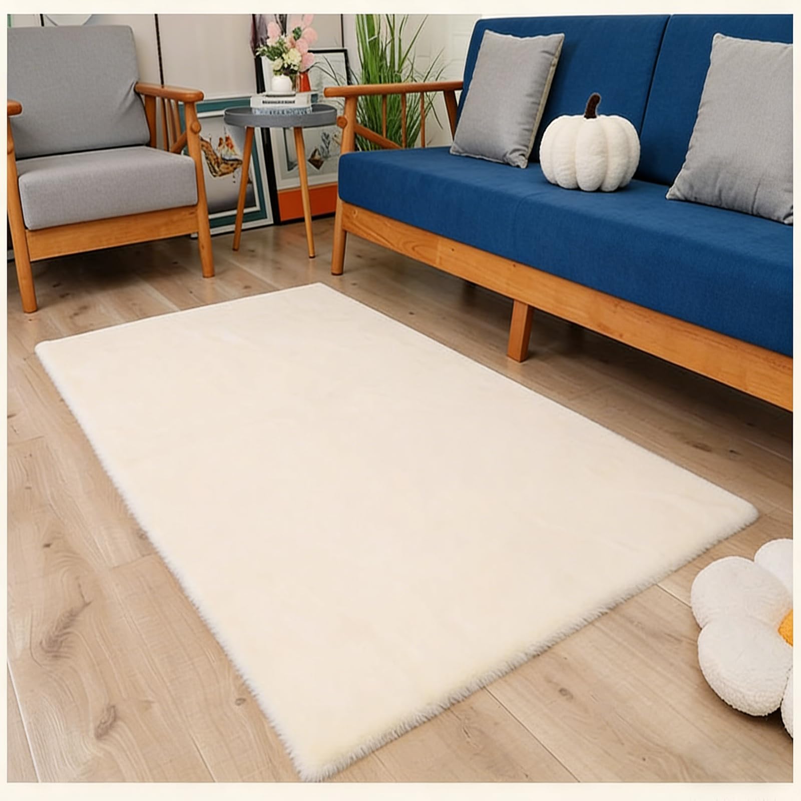 Tapis salon fausse fourrure blanc cassé 115x130 cm design moderne monochrome