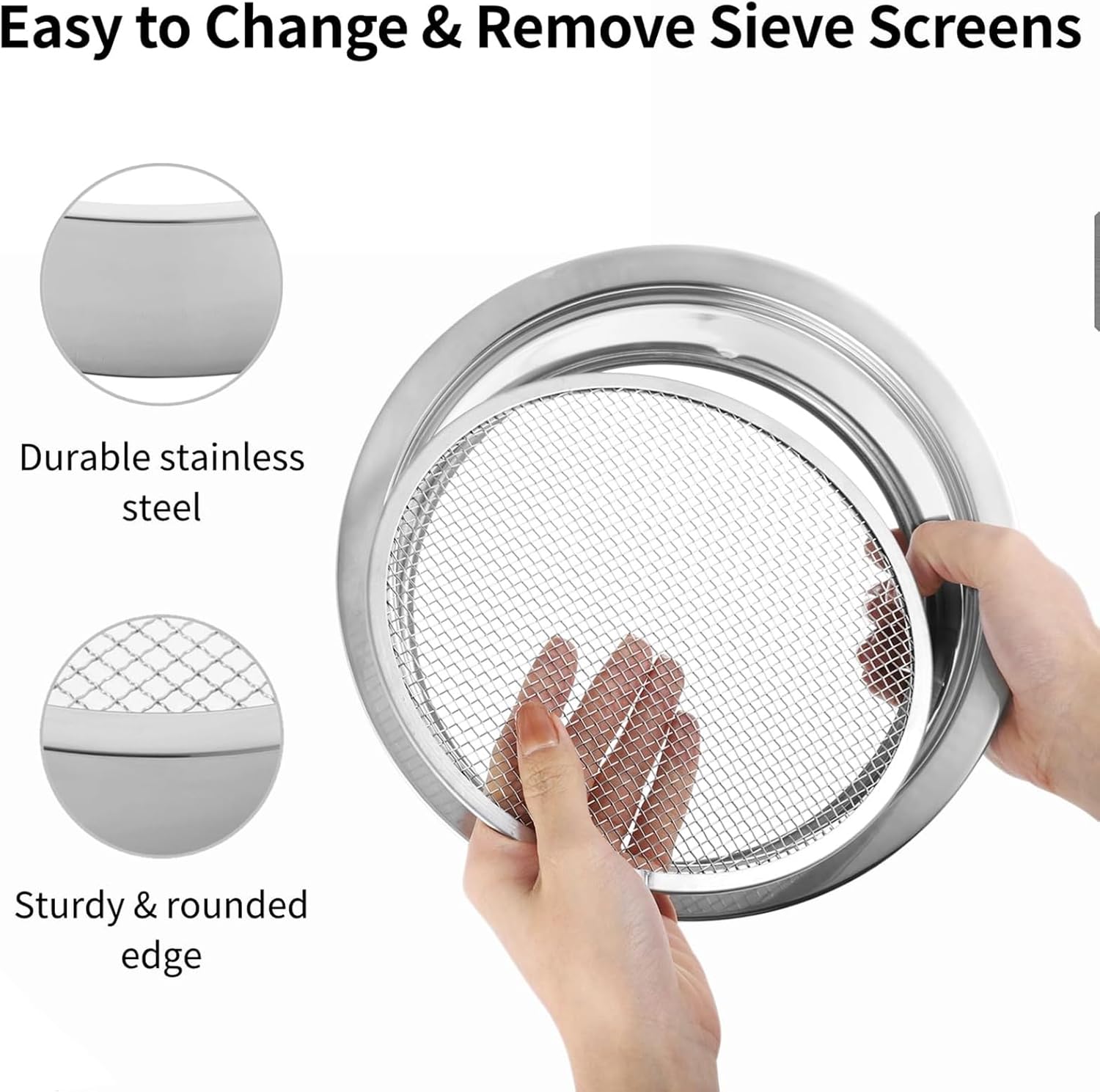 Soil Sifter | Stainless Steel Sand Sifter Soil Sieve, 5 Replaceable Mesh Screens | 1/3/6/9/12mm Garden Potting Sieve with Shovel, Stackable Sifting Pan