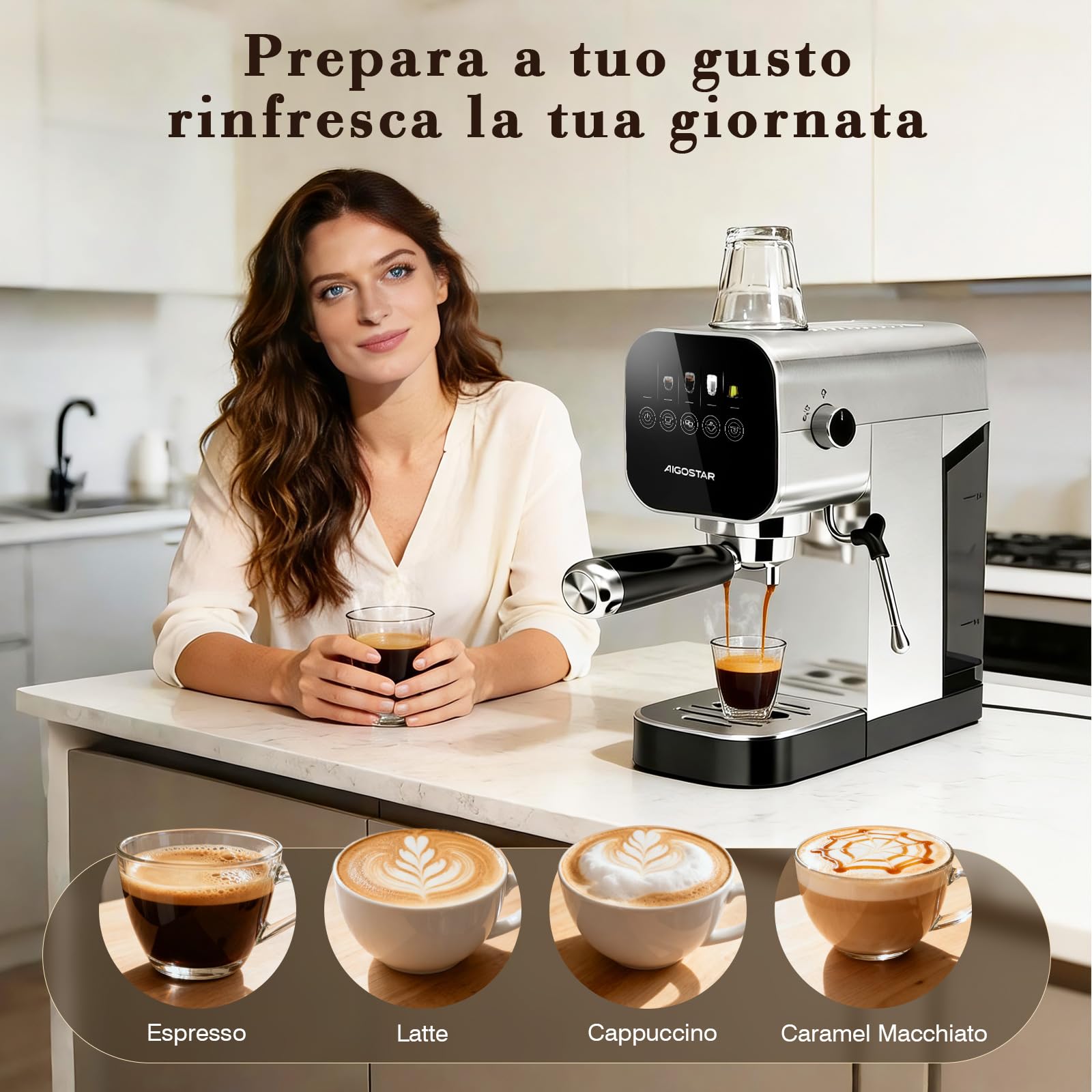 Aigostar Macchina Caffè Espresso 20 Bar per Capsule e Caffè Macinato, 0,9 L | Portafiltro, Schermo touch, con vaporizzatore latte, 1 o 2 tazze, 1350 W, inox, ideale per Espresso, Cappuccino e Latte
