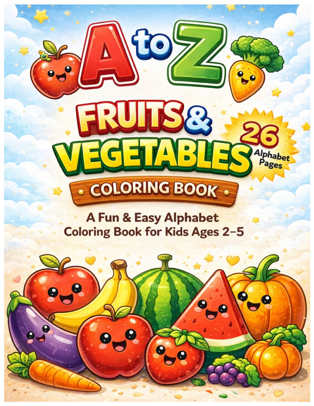 A to Z Fruits & Vegetables Coloring Book: Fun and Easy ABC Learning Pages for Toddlers and Preschoolers Ages 2–5