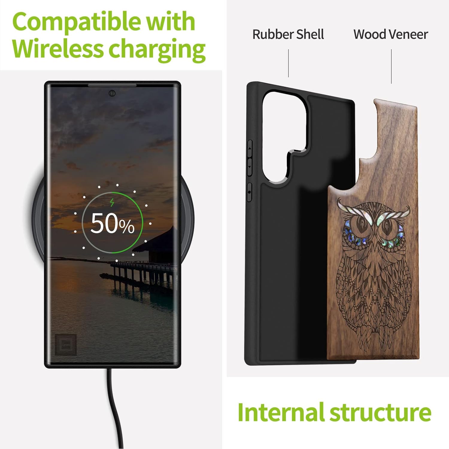 Carveit Designer Wooden Case for Samsung Galaxy S23 Ultra Cover [Wood Engraving & Shell Inlay] Unique Wood Phone Case Compatible with Wireless Chargers Galaxy S23 Ultra Case (Owl-Walnut)