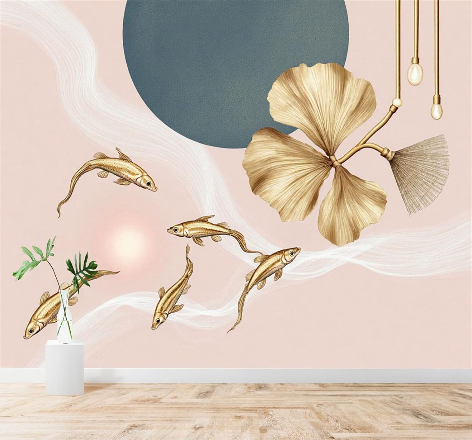 XLMING Golden Fish Ginkgo Leaf Abstract Waves Art 3D Wallpaper Silky Texture Home Study Office Grey Dining Room Sofa Bedroom Living Room TV Backdrop-300cm×210cm