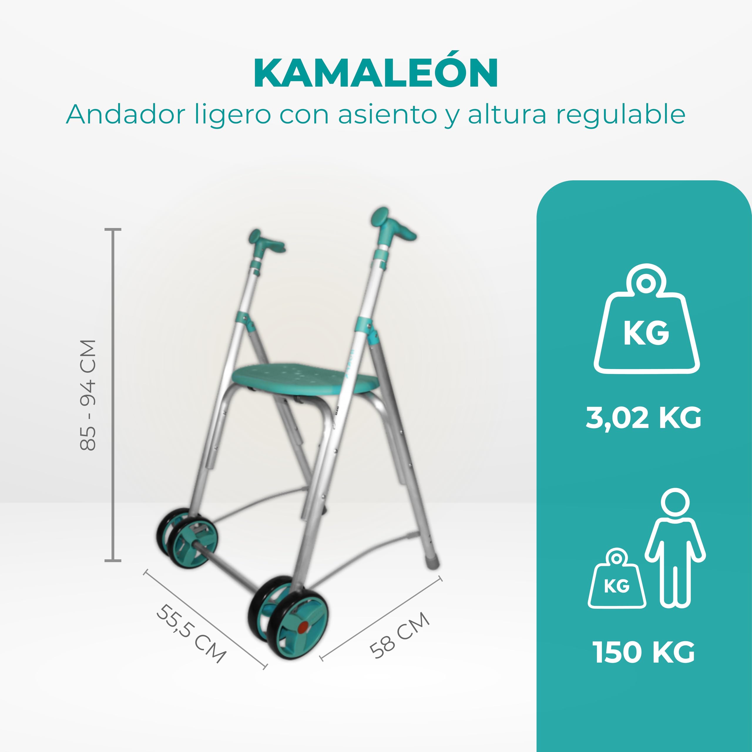 Forta Kamaleon - Andador Ligero y Plegable para Personas Mayores - Con Asiento, Altura Regulable y Ruedas Dobles Delanteras Fijas - Para Uso en Interiores - Capacidad de Carga hasta 150 kg (Esmeralda)