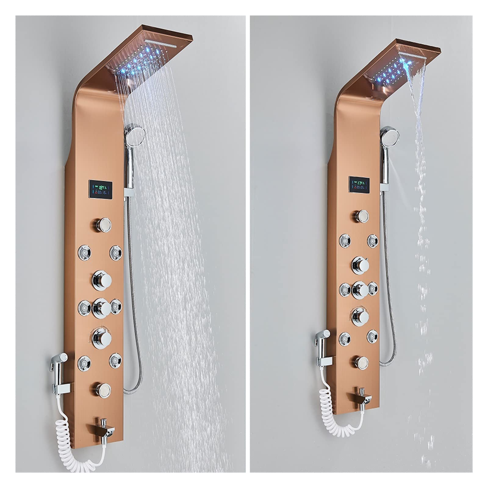 Pannello Doccia for Bagno a LED 6 modalità Colonna Doccia LCD Intelligente Sistemi for Vasca da Bagno con Cascata a Pioggia in Oro Rosa con Miscelatore a Getto massaggiante(Brushed Nickel 8007)