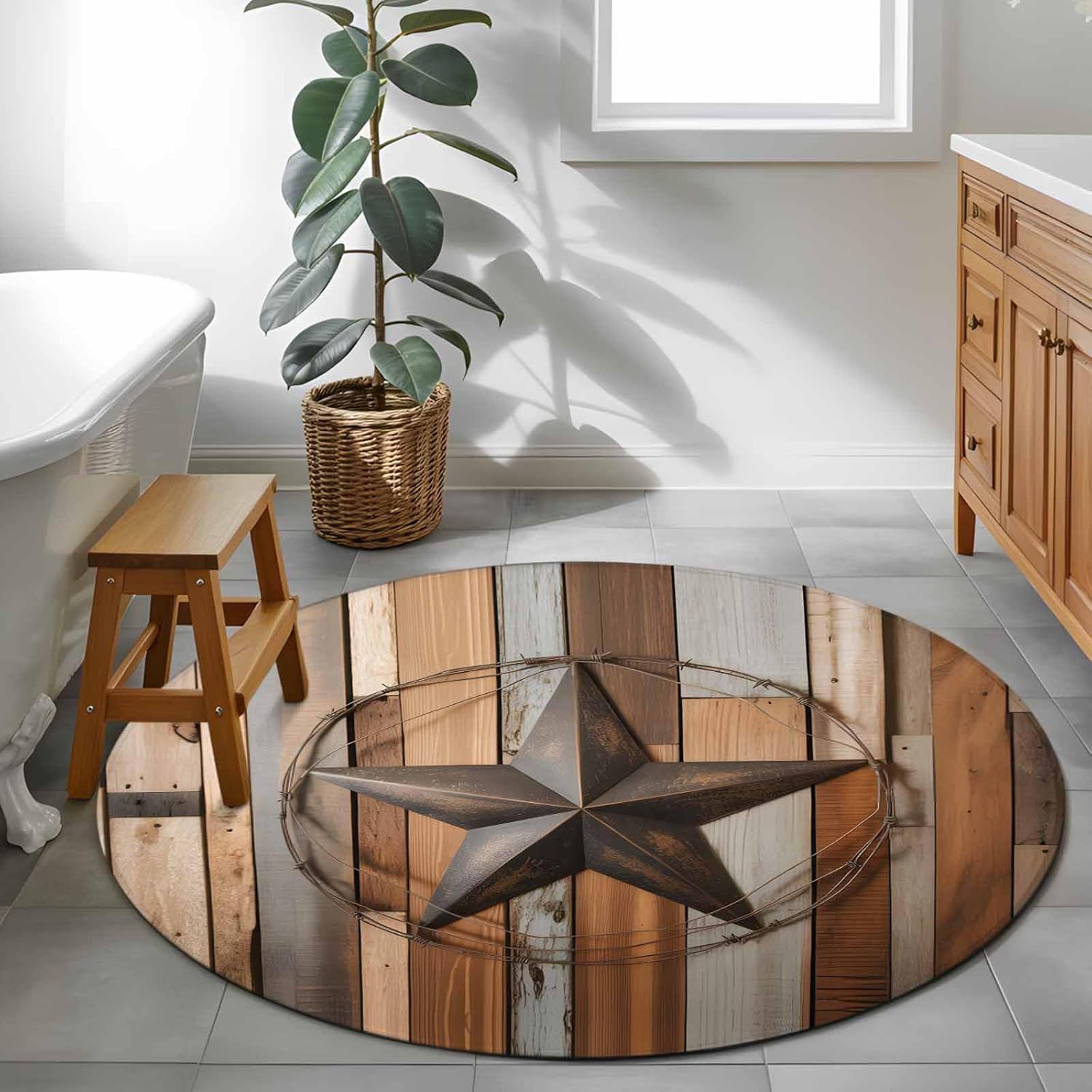 Country Star Brown Round Rug 3ft Washable Circle Entryway Rugs Non Slip Western Texas Vintage Farmhouse Wooden Area Rug Indoor Floor Carpet for Bedroom Kitchen Living Room Home Office Dining Room