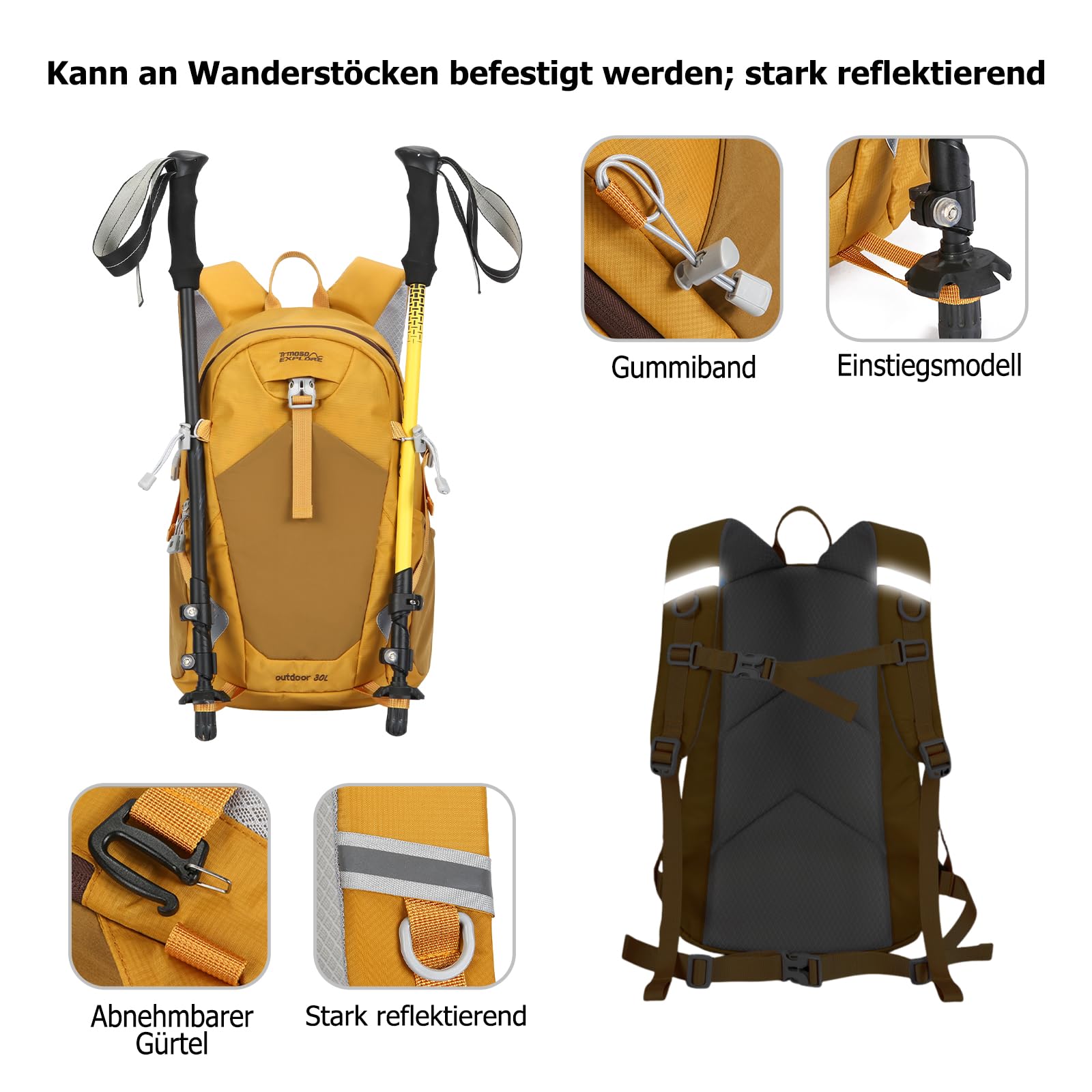 30L Wanderrucksack Wasserdicht Outdoor Tagesrucksack mit Ergonomischem Druckentlastungssystem Reflektierenden Streifen Mehrtaschen Rucksack für Camping Reisen Täglicher Gebrauch Gelb