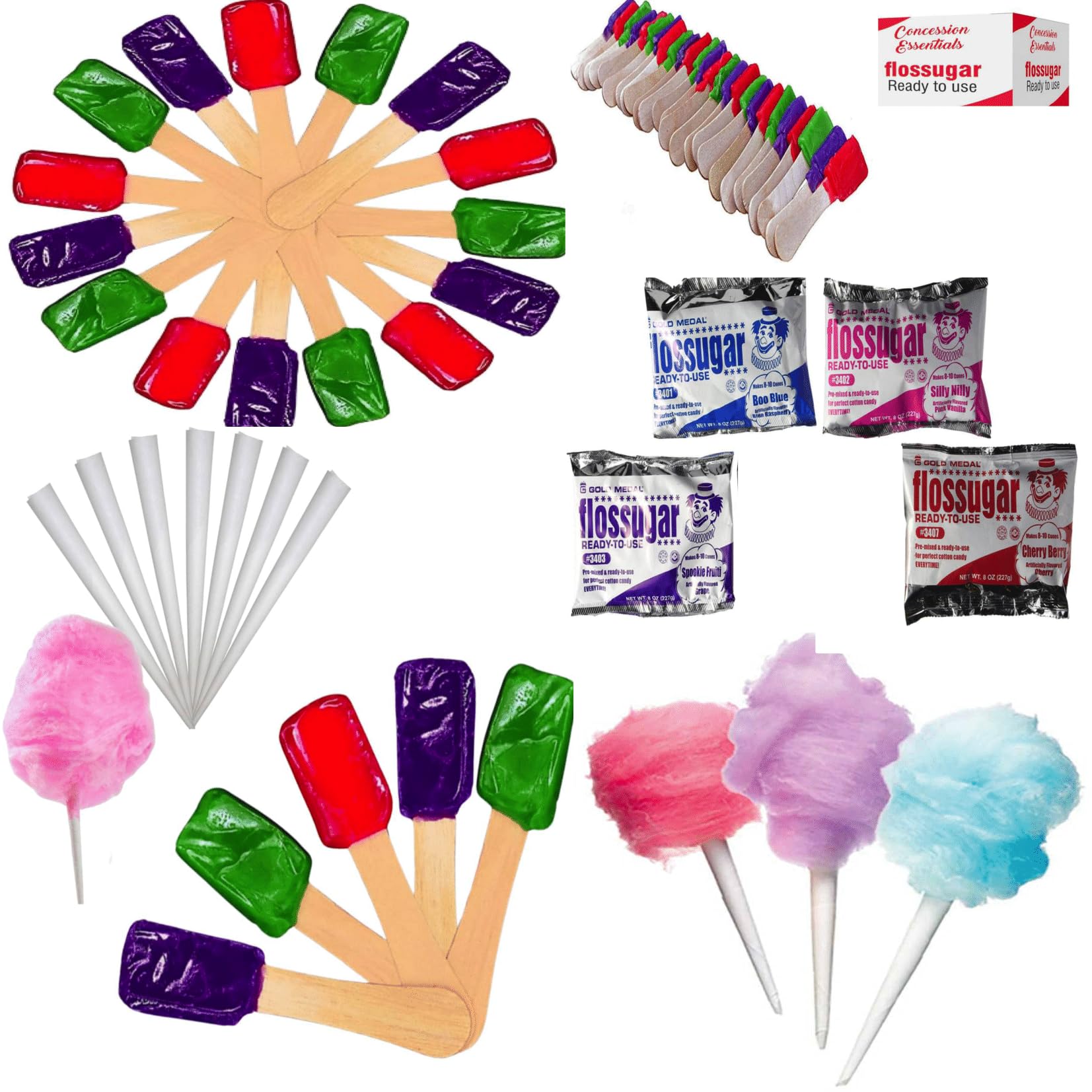 Concession Essentials Cotton Candy Kit, 100 Cones, 4 Flavored Sugars, 54 Flavor Spoons