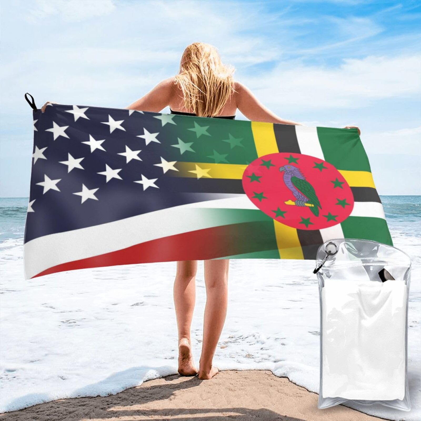 HACXZ Funny America Flag and Dominica Dominican Flag Absorbent Beach Towel Microfiber Beach Shower Towel 31.5"X63"