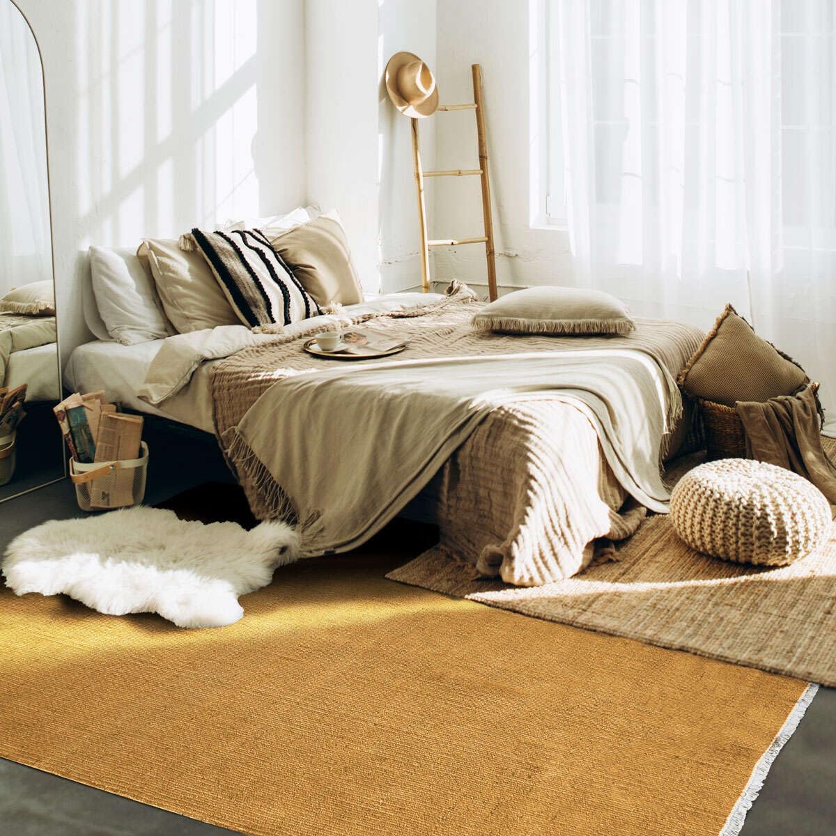 Tapis en jute et coton avec franges ocre 120x170 - style bohème