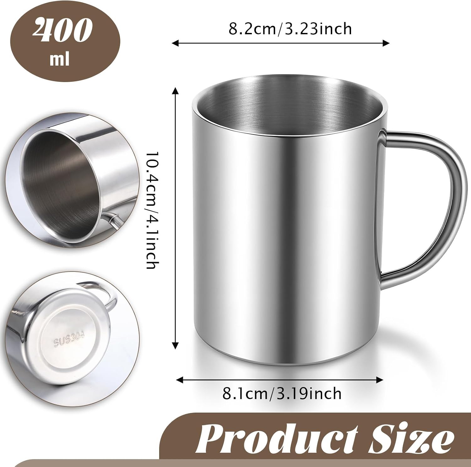 4 Set Stainless Steel Coffee Mugs with Handle, 13.5oz/400ml Metal Double Walled Cups Camping Mug Insulated Mugs for Home Camping Travel Outdoors RV Cold or Hot