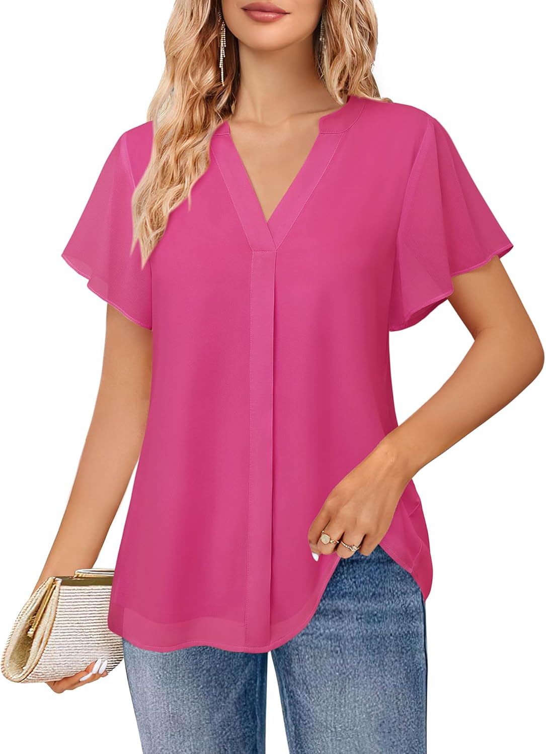 Bebonnie Womens Short Sleeve V Neck Double Layers Chiffon Blouses Dressy Casual Tunic Tops