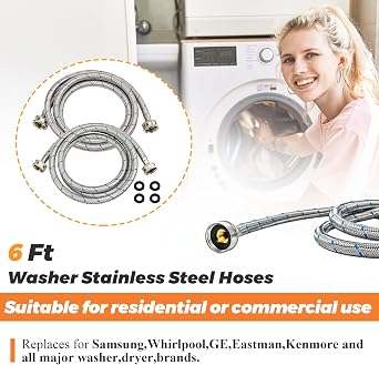 Beaquicy 6 Ft Washer Stainless Steel Hoses Braided Stainless Steel Water Supply Line - Hot and Cold Striped Water Supply Lines for Washing Machine - 2 Pack
